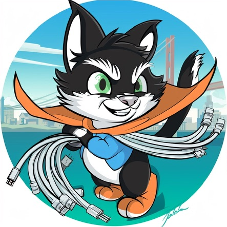 BayCAT6 superhero cat mascot with network cables flying over San Francisco Bay Area Golden Gate Bridge